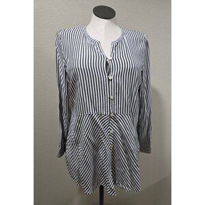 Striped Grey & White Button-Front Tunic Blouse With Long Sleeves By J.Jill Wome